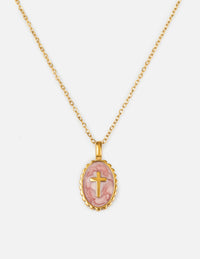 Vintage Rose Enamel Cross Link Necklace Christian Jewelry
