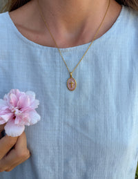 Vintage Rose Enamel Cross Link Necklace Christian Jewelry