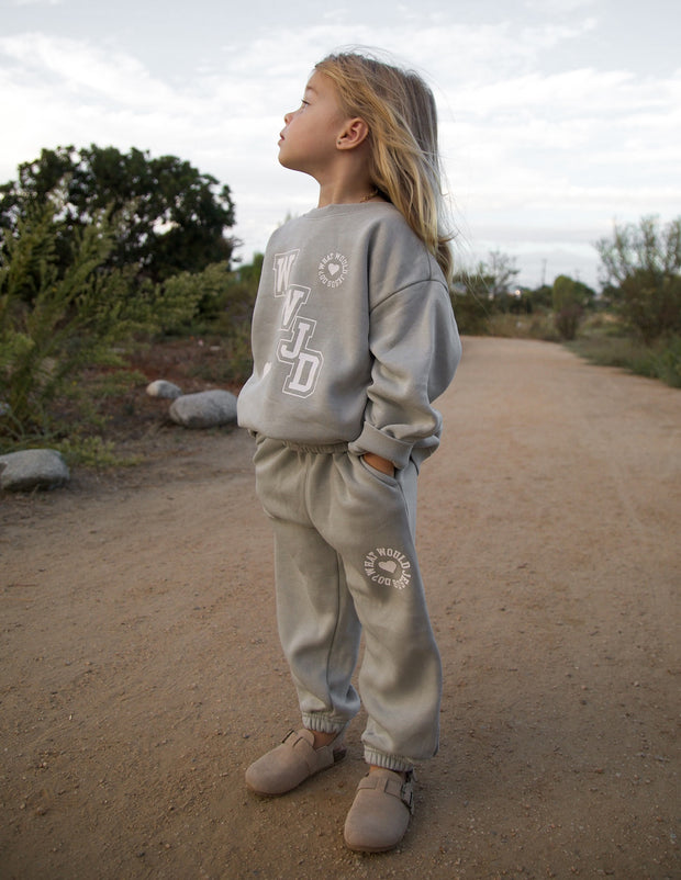 WWJD Varsity Kids Crewneck Christian Children's Sweatshirt