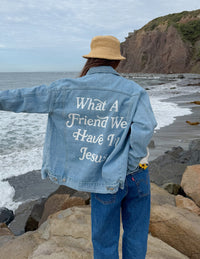 Elevated Faith What a Friend In Jesus Denim Jacket Christian Jacket