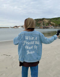 Elevated Faith What a Friend In Jesus Denim Jacket Christian Jacket