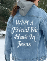 Elevated Faith What a Friend In Jesus Denim Jacket Christian Jacket