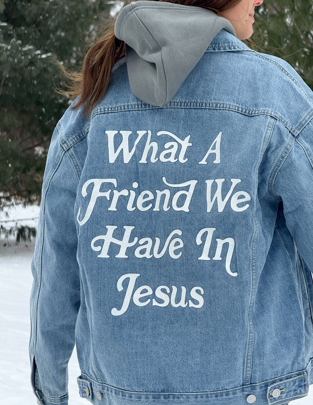 Elevated Faith What a Friend In Jesus Denim Jacket Christian Jacket