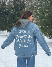Elevated Faith What a Friend In Jesus Denim Jacket Christian Jacket