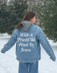 Elevated Faith What a Friend In Jesus Denim Jacket Christian Jacket