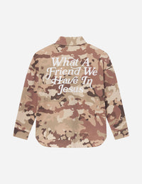 What a Friend in Jesus Camo Shacket Christian Jacket