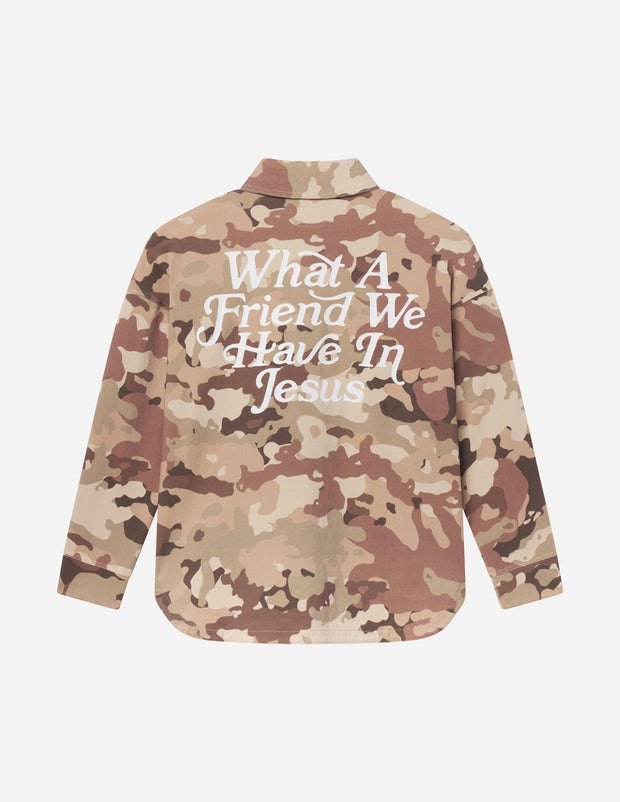 What a Friend in Jesus Camo Shacket Christian Jacket