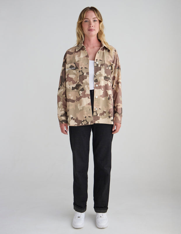 What a Friend in Jesus Camo Shacket Christian Jacket