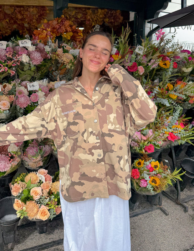 What a Friend in Jesus Camo Shacket Christian Jacket
