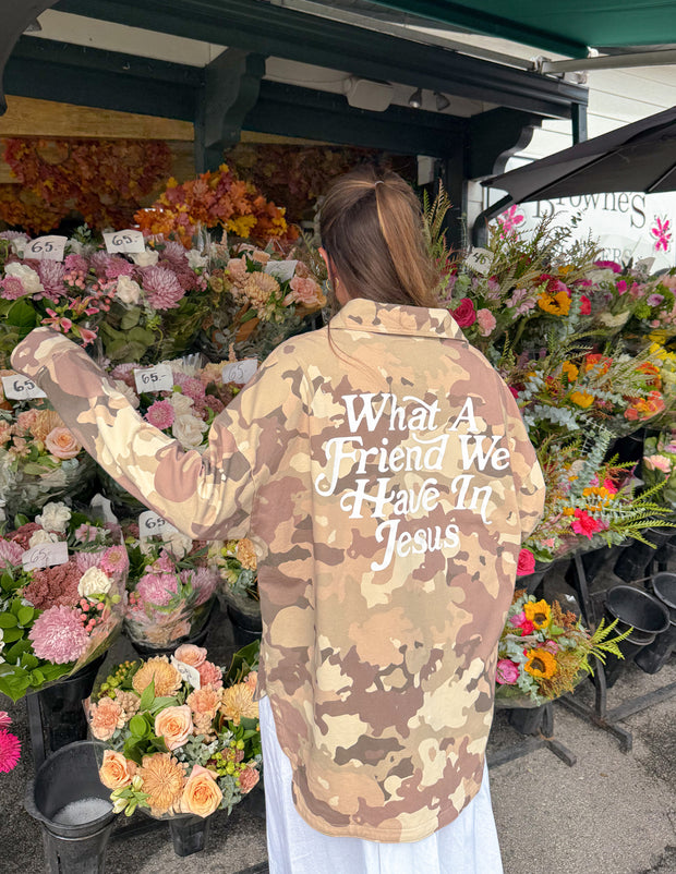 What a Friend in Jesus Camo Shacket Christian Jacket