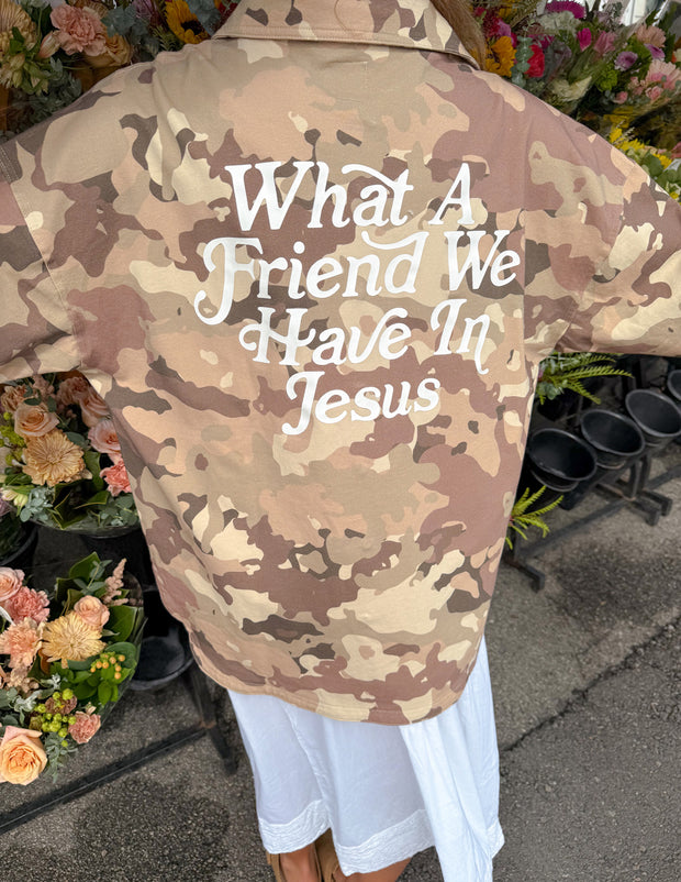 What a Friend in Jesus Camo Shacket Christian Jacket
