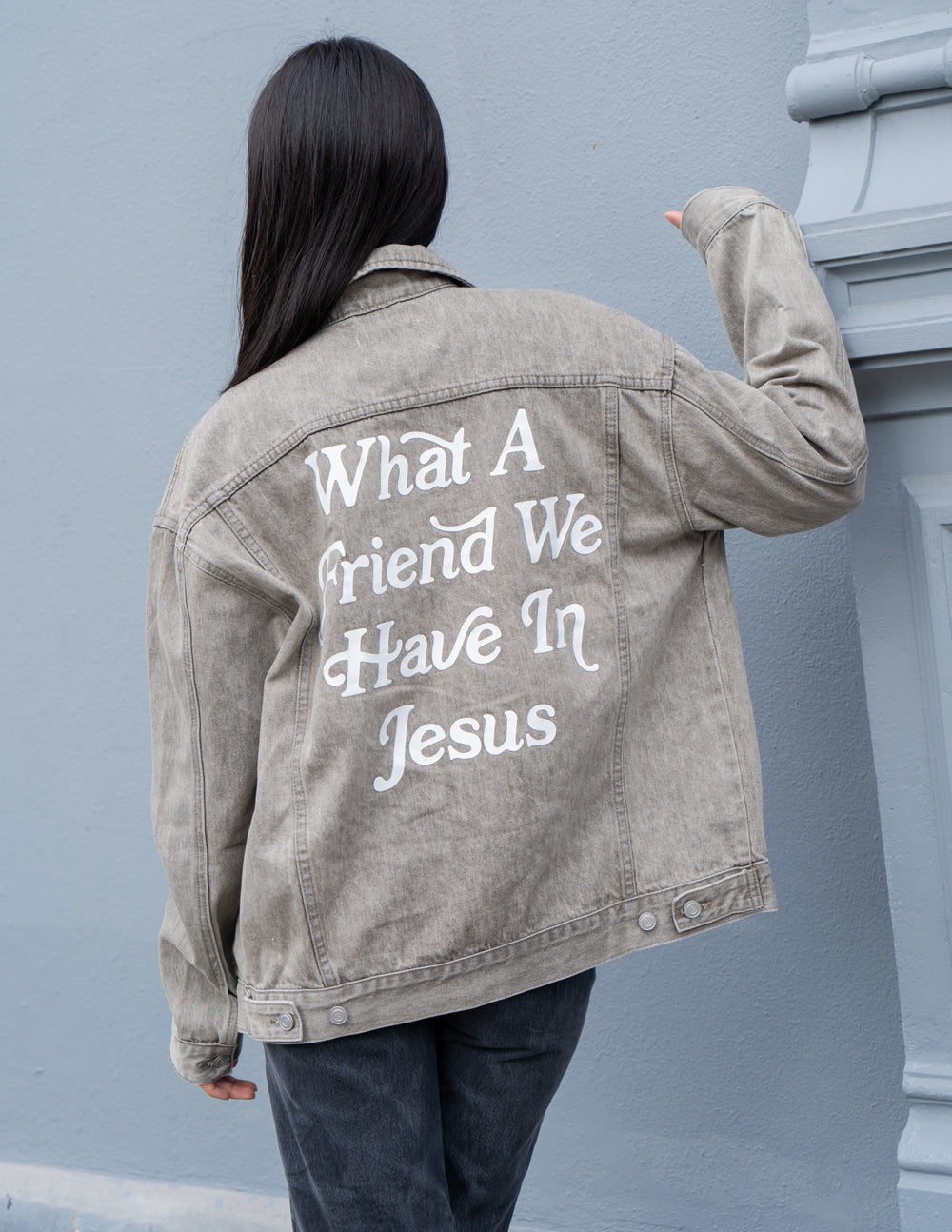 What a Friend in Jesus Grey Denim Jacket | Elevated Faith