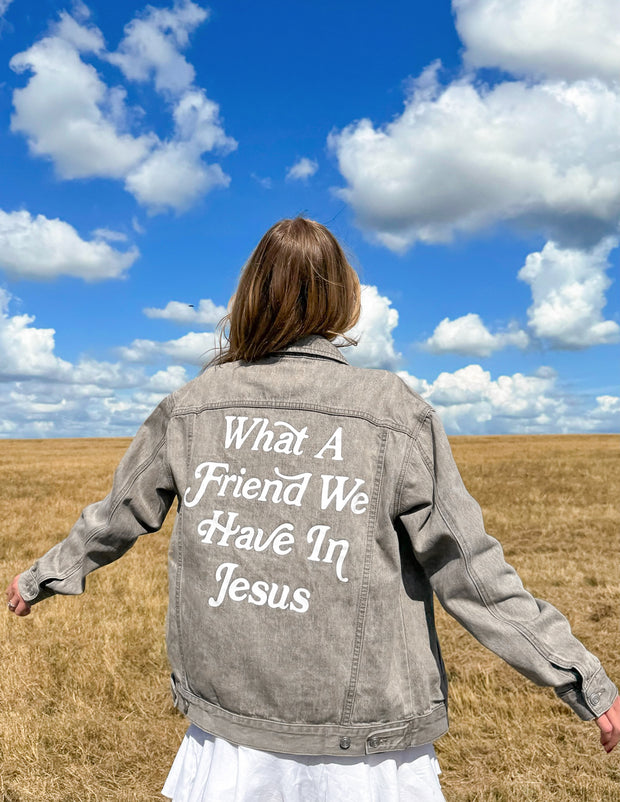 What a Friend in Jesus Grey Denim Jacket Christian Outerwear