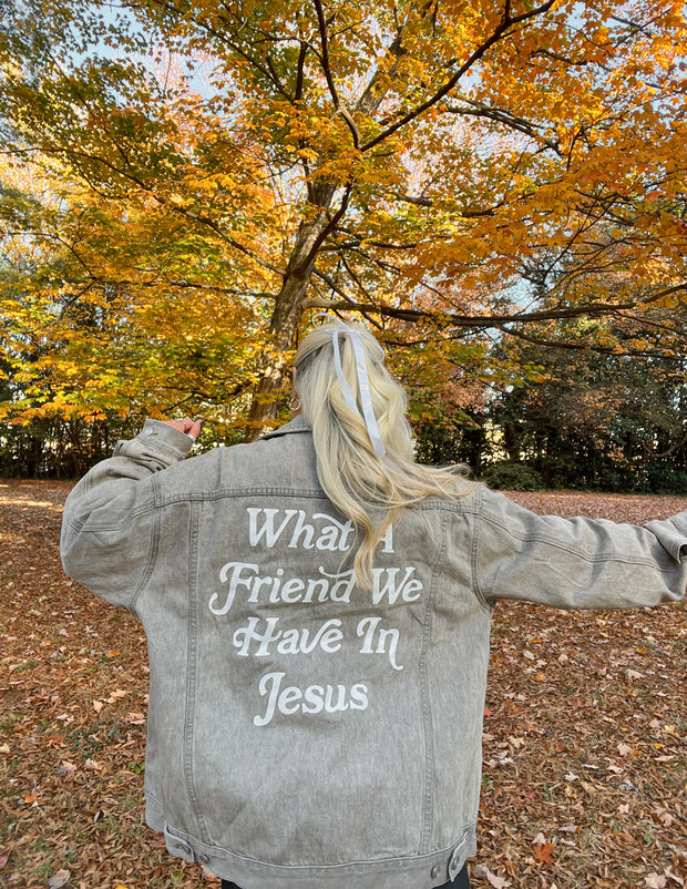 What a Friend in Jesus Grey Denim Jacket Christian Outerwear