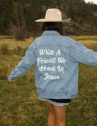 Elevated Faith What a Friend In Jesus Denim Jacket Christian Jacket