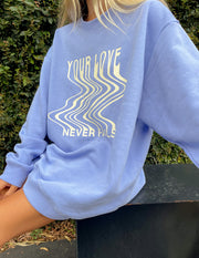 Love Never Fails Blue Unisex Crewneck Christian Sweatshirt