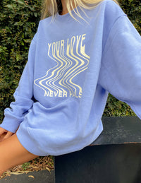Love Never Fails Blue Unisex Crewneck Christian Sweatshirt