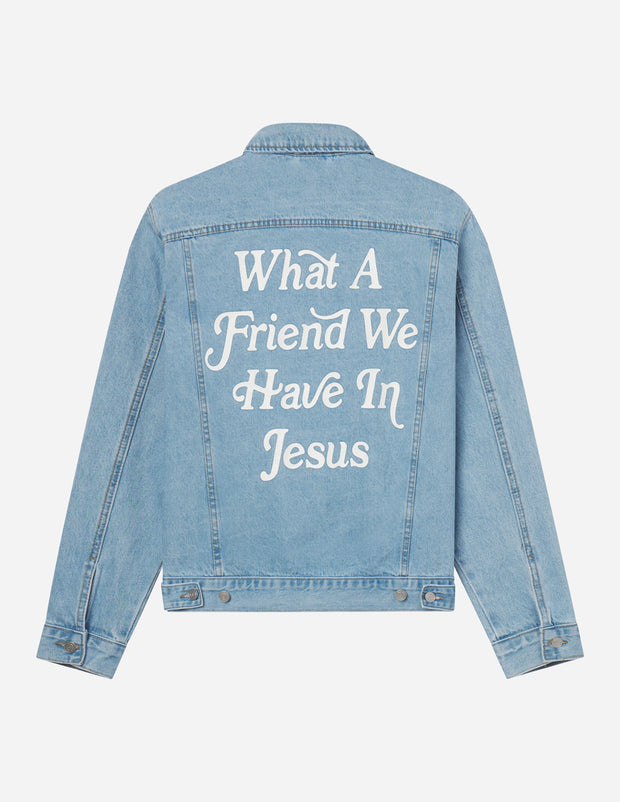 Elevated Faith What a Friend In Jesus Denim Jacket Christian Jacket