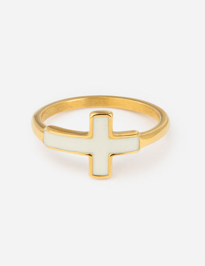 White Enamel Cross Christian Ring